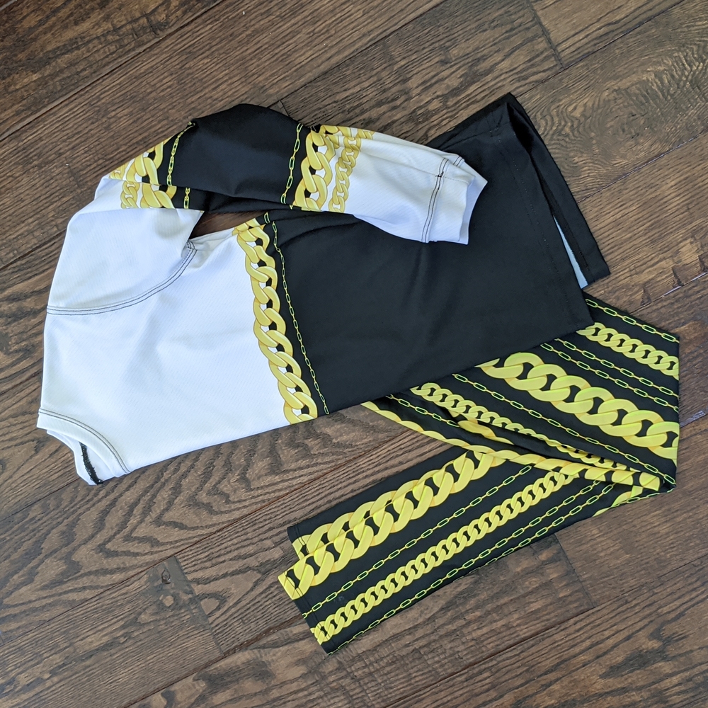 ALEXANDRA COSTUMES I Gold Chain Printed Y2K Hip Hop Dance Costume, Youth L